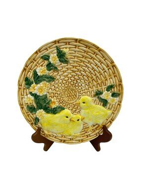 Vintage Chicks in Woven Basket w/Daisies Ceramic Plate Farmhouse Cottagecore